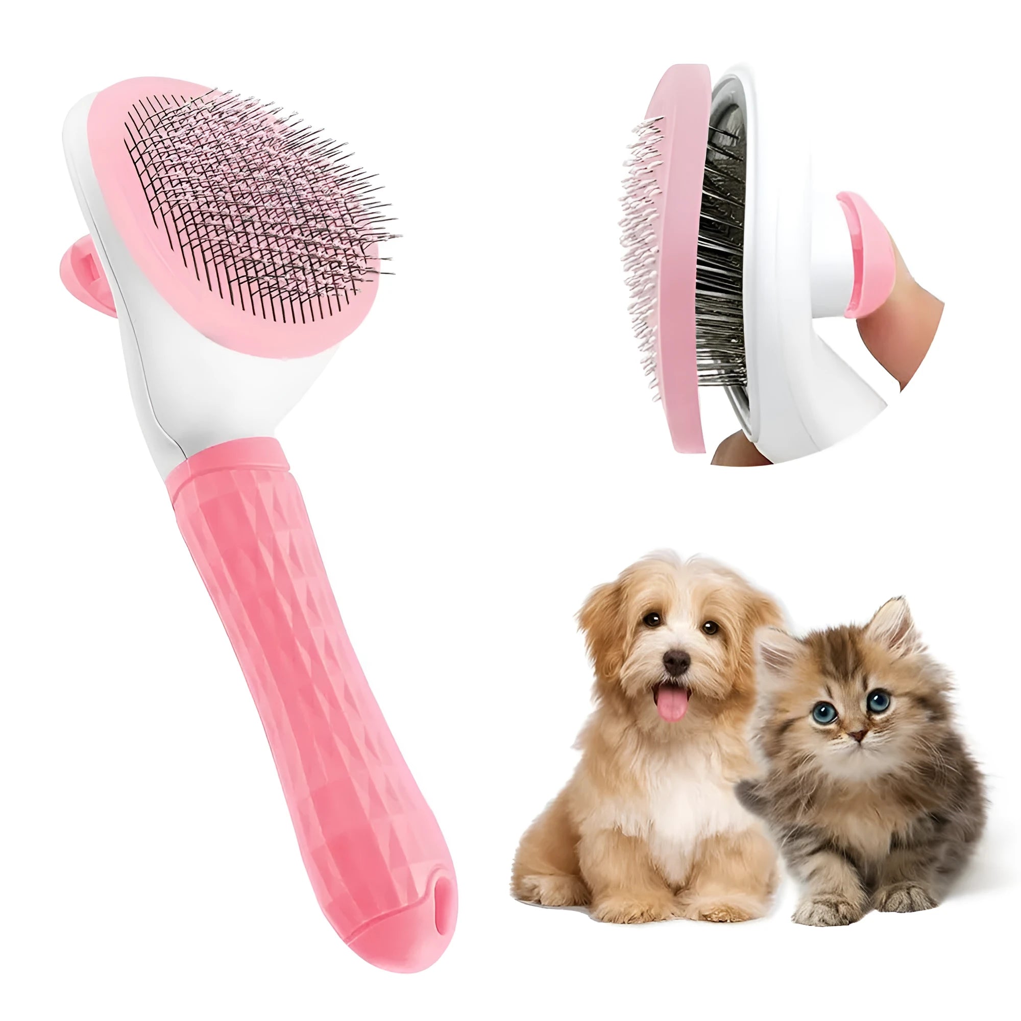 Blue cat brush with a release button and fine wire bristles for removing pet hair.