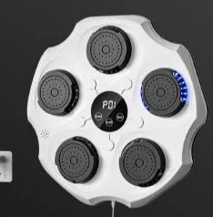 Black Bluetooth music boxing wall target hanging on a wall with an adult boxing glove.