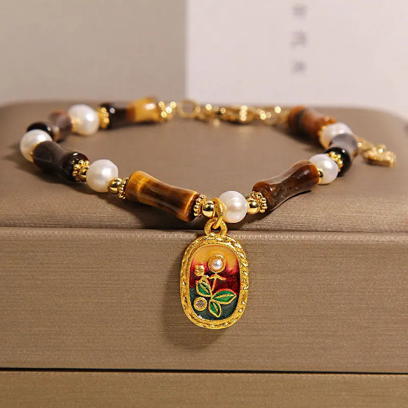 Chinese style stone bamboo women's glass bracelet in amber, green, purple colours