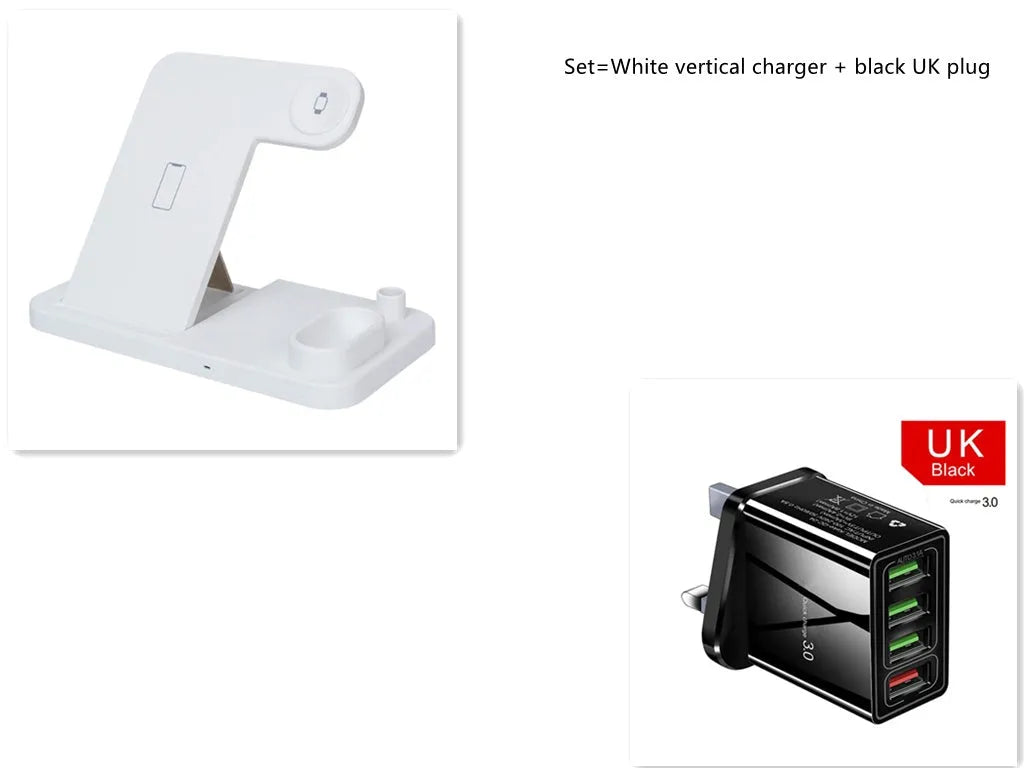 Black 4-in-1 wireless charging dock showing phone on adjustable stand, Apple Watch, AirPods, and Apple Pencil charging simultaneously.