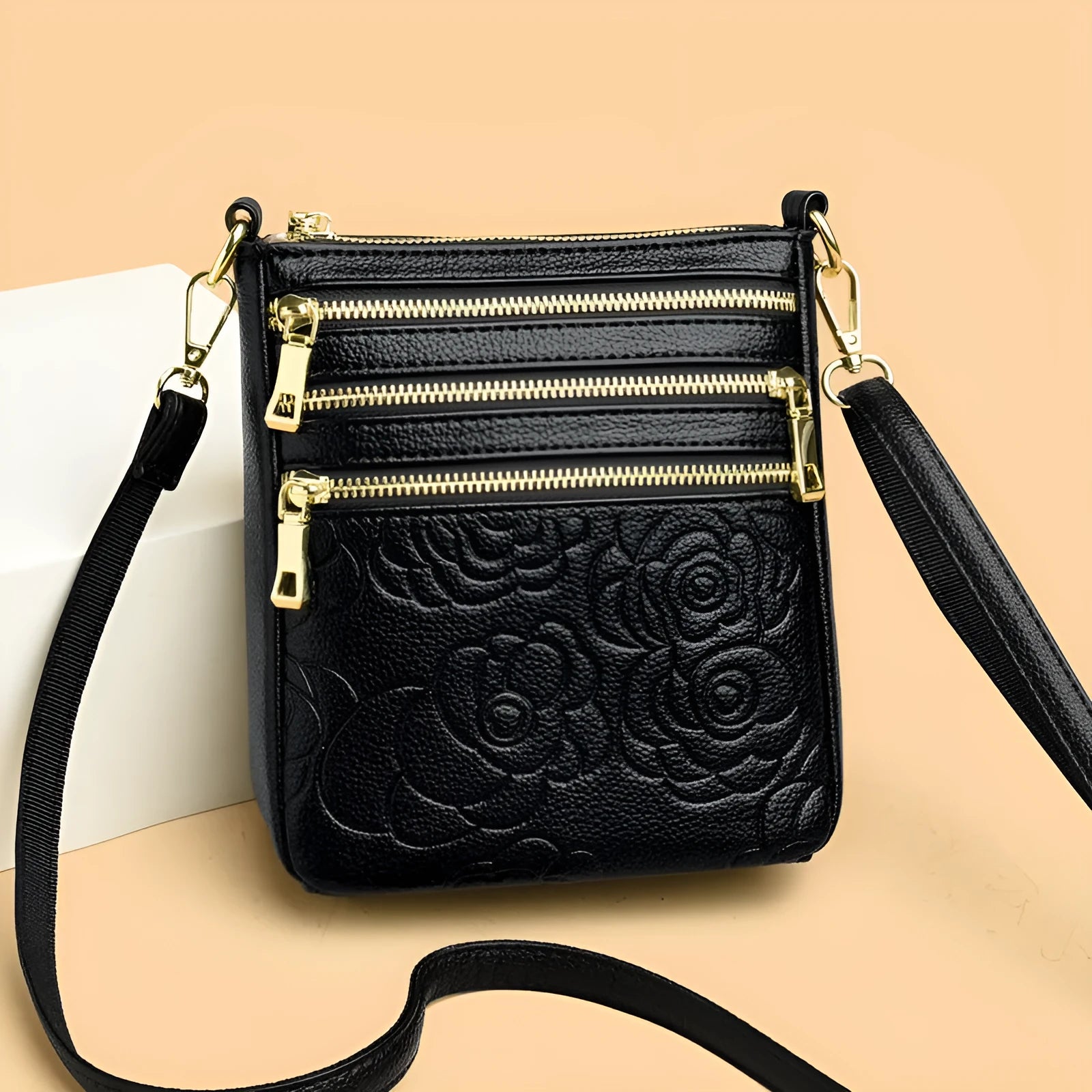 Five-layer mobile phone crossbody bag in beige with embossed PU leather and double shoulder strap