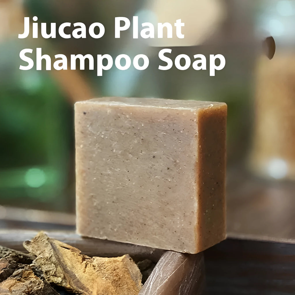 A 72-gram bar of nine grass cold process shampoo soap, silicone oil-free.