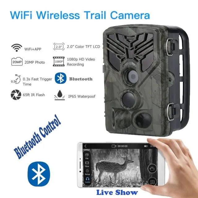 Wi-Fi830 compact trail camera showing lens, infrared LEDs, and belt mount strap.