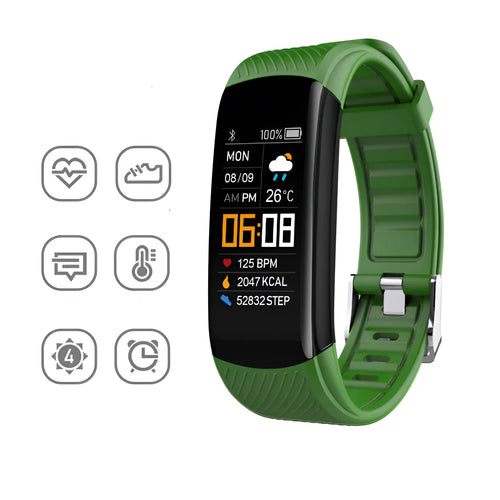 C5S model black waterproof smart fitness bracelet with 0.96-inch screen on a wrist.