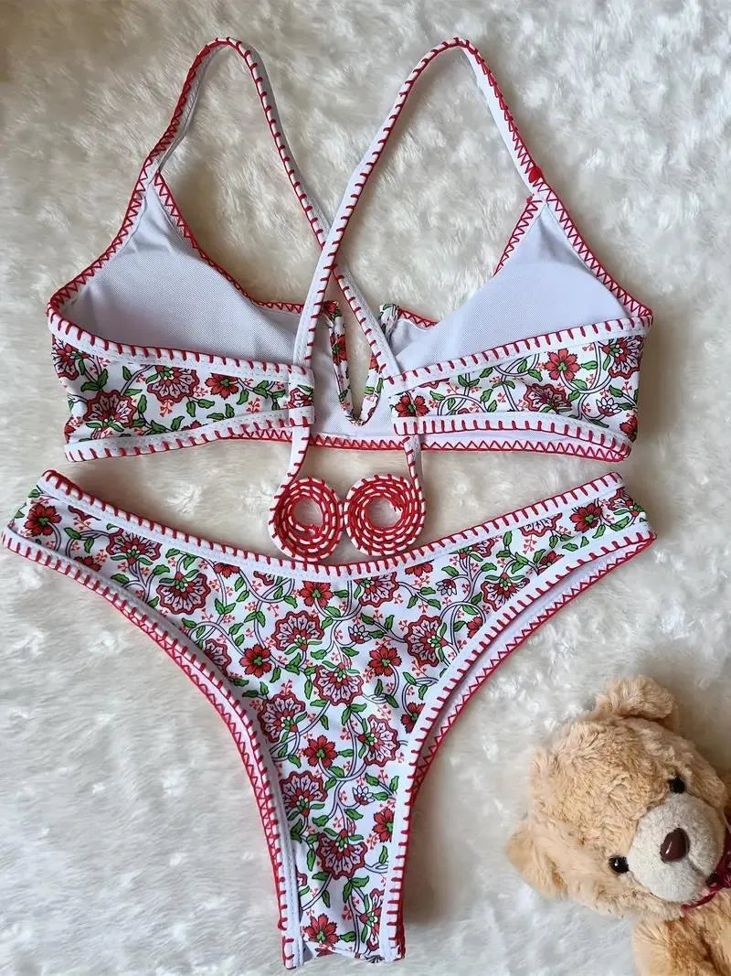 Women's V-neck one-piece swimsuit with European floral pattern and embroidery on quick-dry polyester fabric