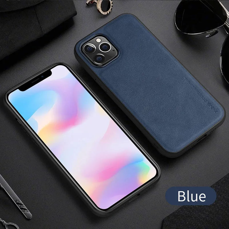 Black PU leather and TPU business phone case for iPhone 12 on a wooden table