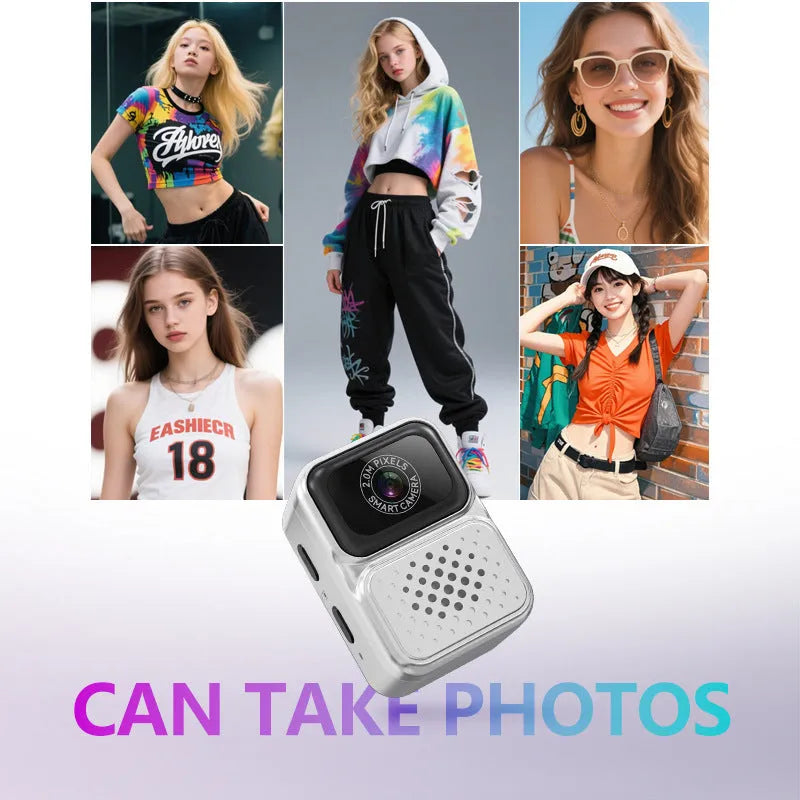 Mini sports camera HD video thumb camera in black plastic body with lens and mode button