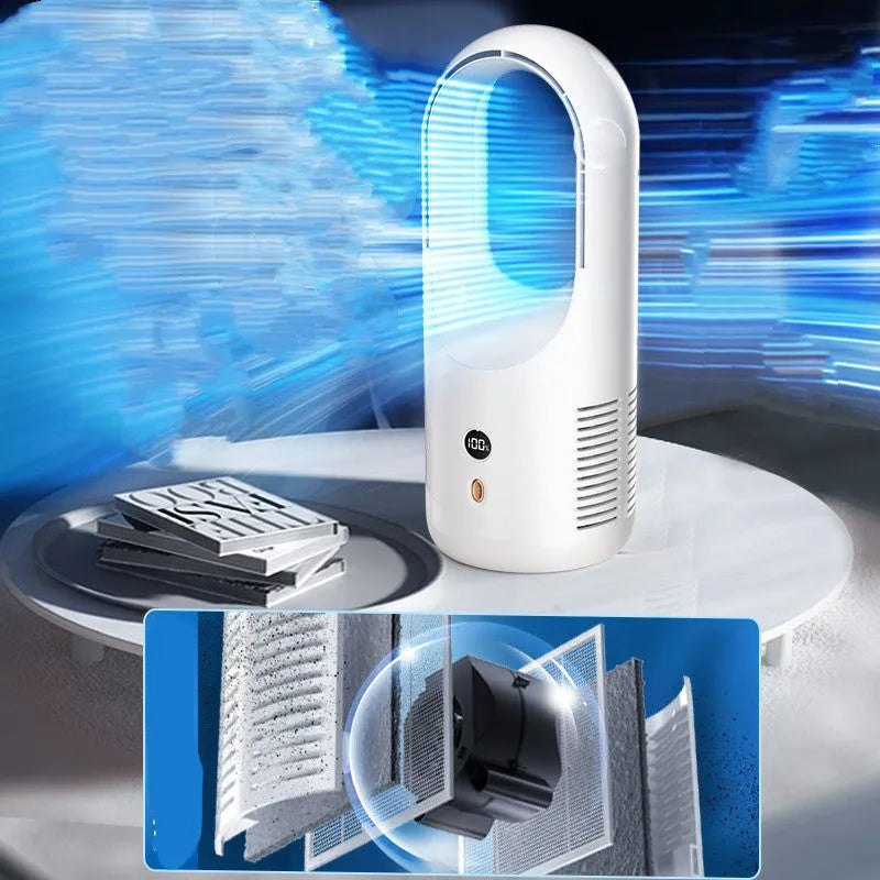 X28 Vaneless bladeless desktop fan with USB port and LED display on a desk