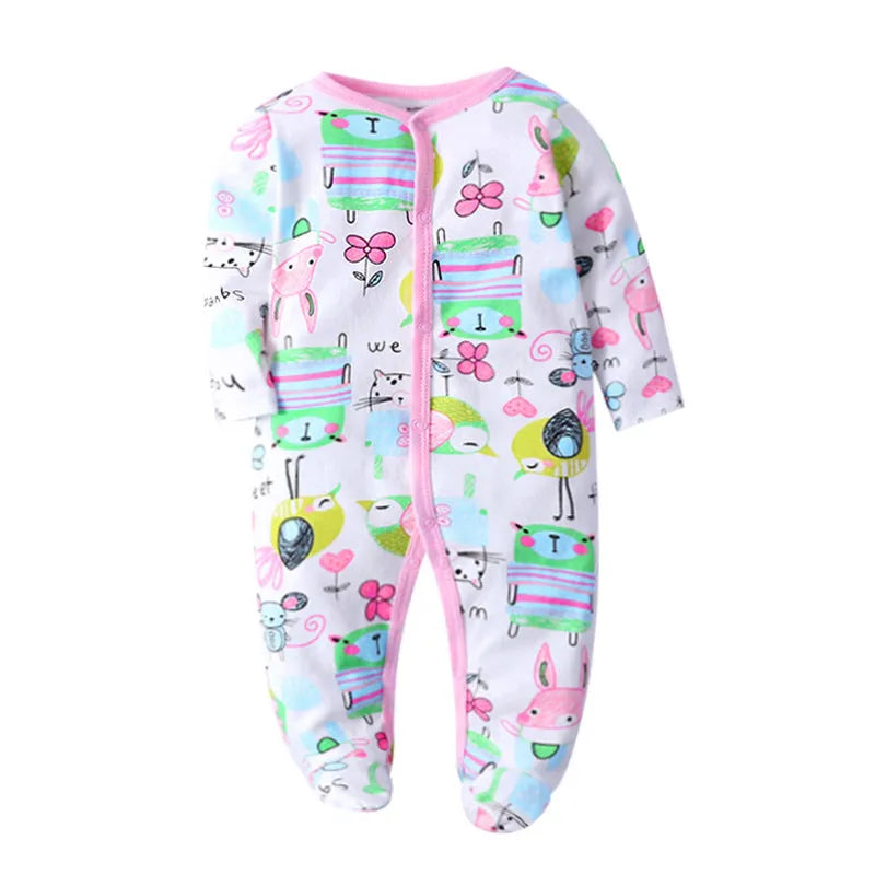A soft cotton baby one-piece garment featuring a dinosaur print, shown on a hanger.