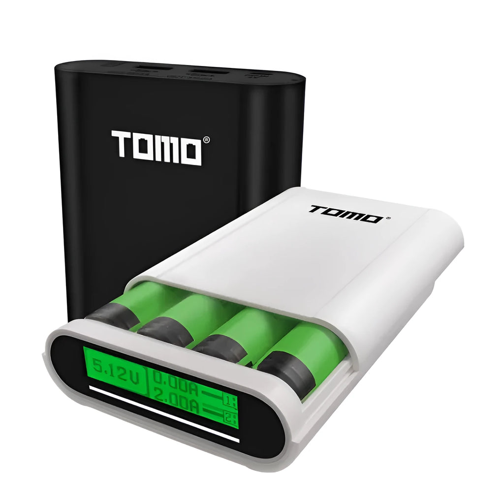 Black DIY mobile power box and charger for 18650 batteries with LCD screen and dual USB ports