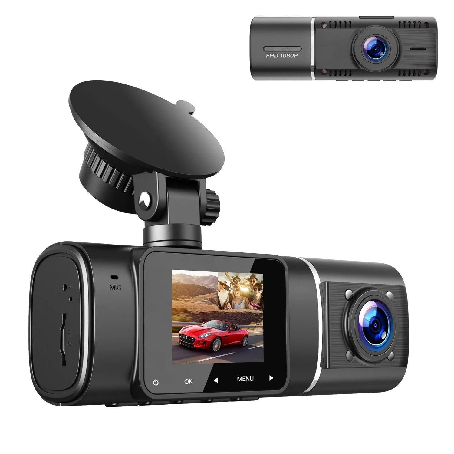 Black dual-channel car dash cam with 1.5-inch screen, front and rear cameras, mounted on a windscreen.