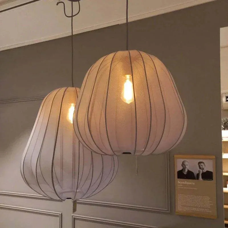 Japanese style grey blue iron pumpkin-shaped ceiling pendant light with multiple LED bulbs.