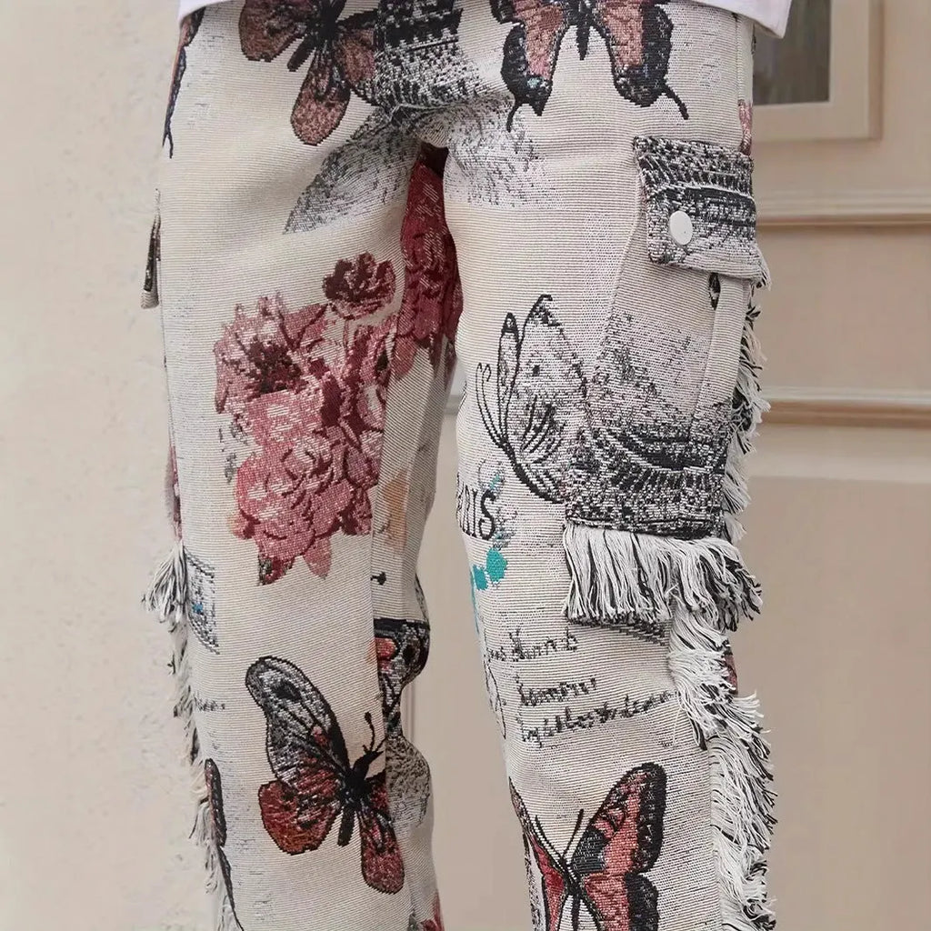 Men's slim fit animal digital printed denim trousers in cotton, mid waist, zip fly, blue tone