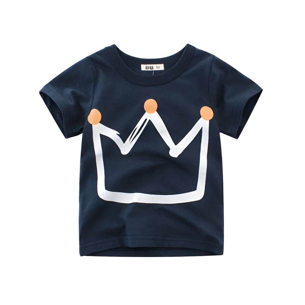 Boys' short sleeve cotton t-shirt in Korean style showing royal blue and flower grey colour options