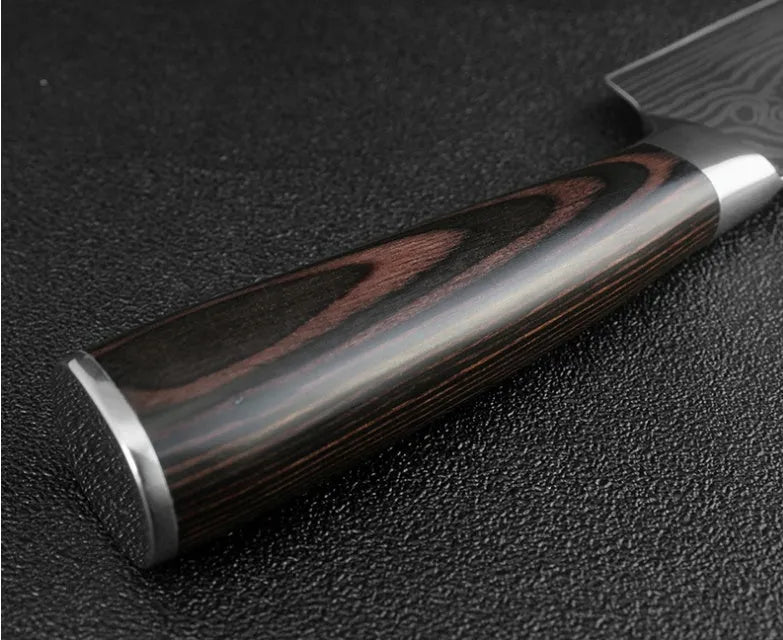 Stainless steel kitchen chef knife with laser Damascus pattern on blade and coloured wood handle.