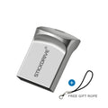 Silver metal USB drive necklace on a black lanyard showing compact cylindrical design.