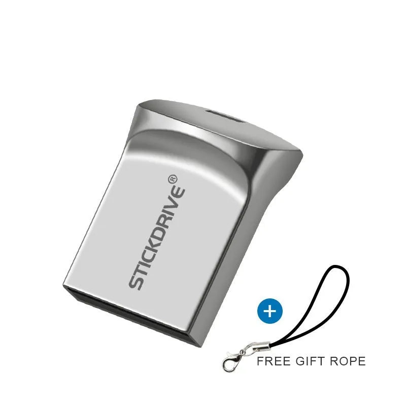 Silver metal USB drive necklace on a black lanyard showing compact cylindrical design.