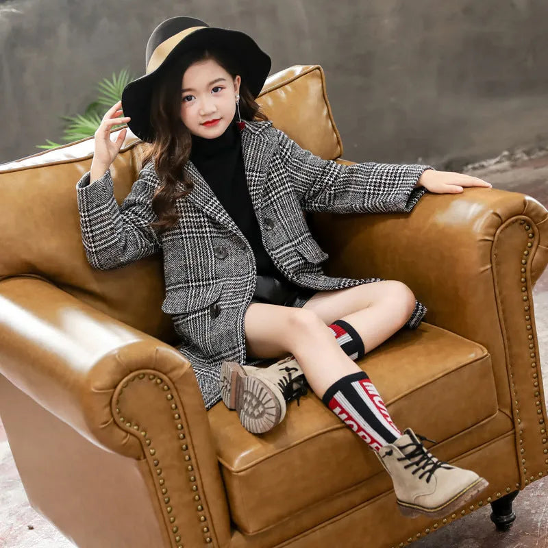 Grey plaid houndstooth coat for girls with suit collar and long sleeves