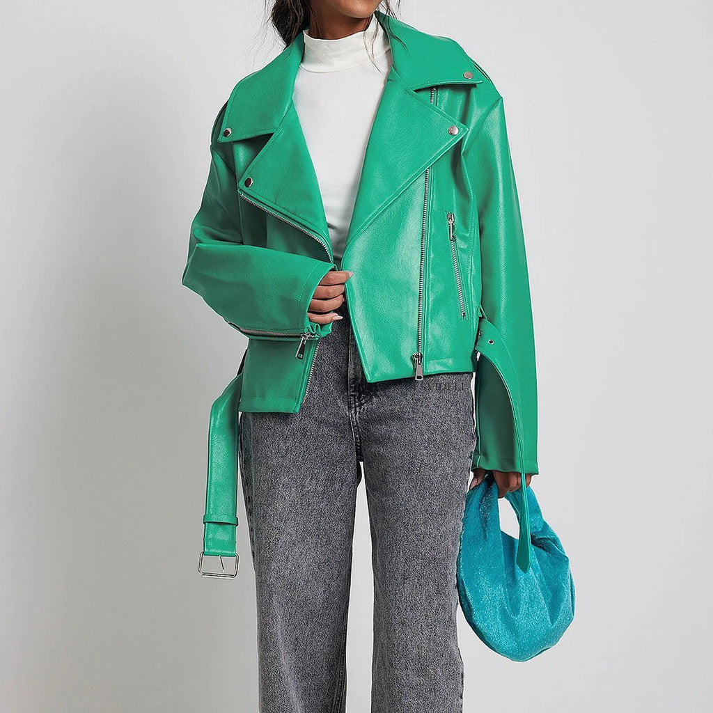 Black punk-style cropped jacket with a Peter Pan collar and a detachable waist belt on a hanger.
