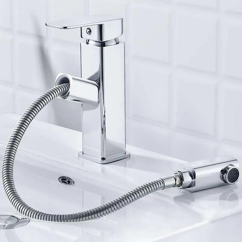 Square pull faucet in brushed brass with electroplated gold finish for hot and cold water control