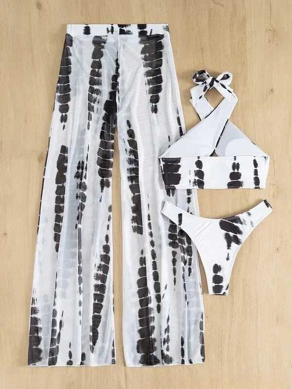 Women's three-piece swimsuit bikini set with mesh trousers in black or blue printing