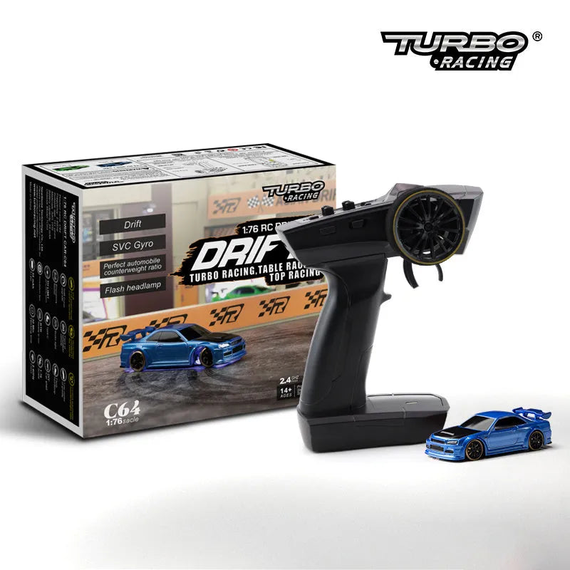 Turbo Racing C64 1:76 scale blue remote control drift car with handle transmitter