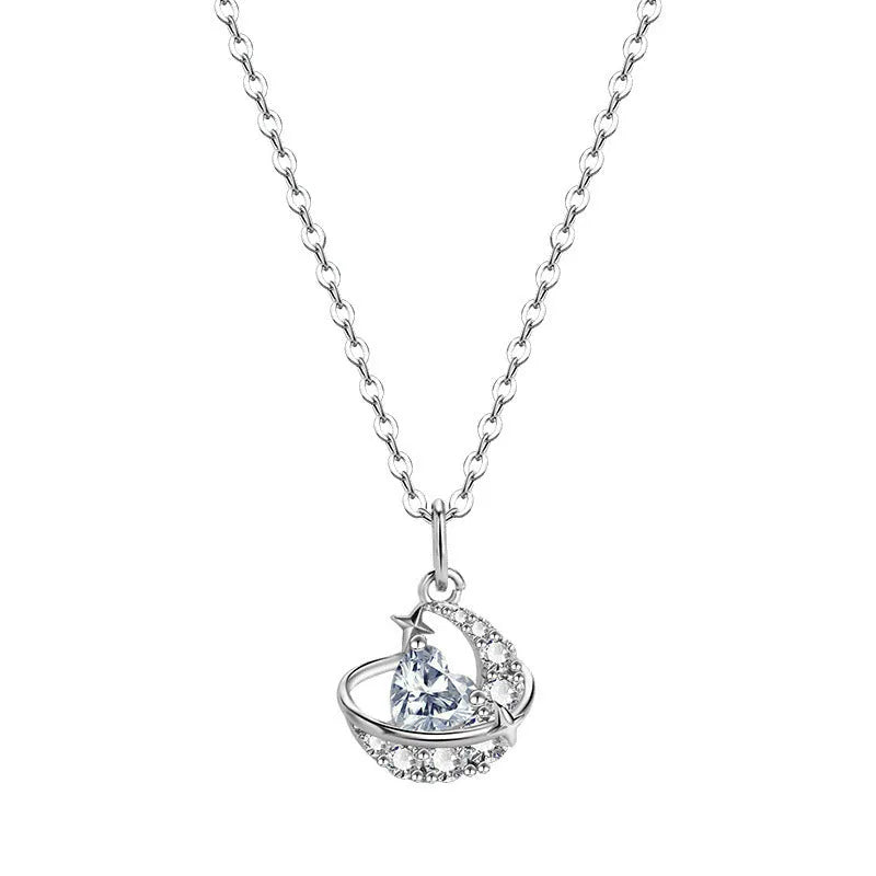 Design Sense moon heart clavicle chain necklace for women, copper with electroplated finish, white diamond inlay