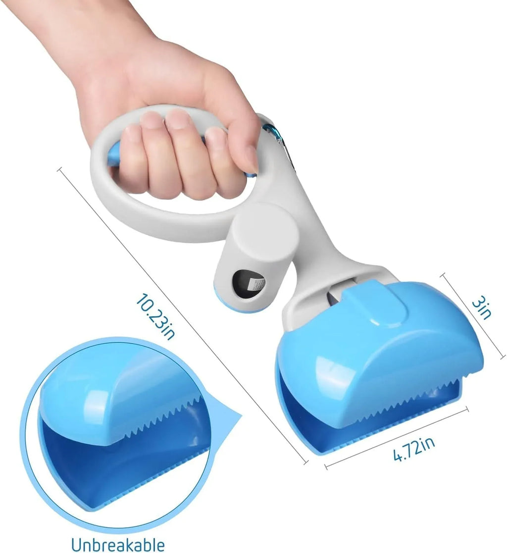 Heavy-duty ABS plastic pet pooper scooper with built-in trash bag holder in blue