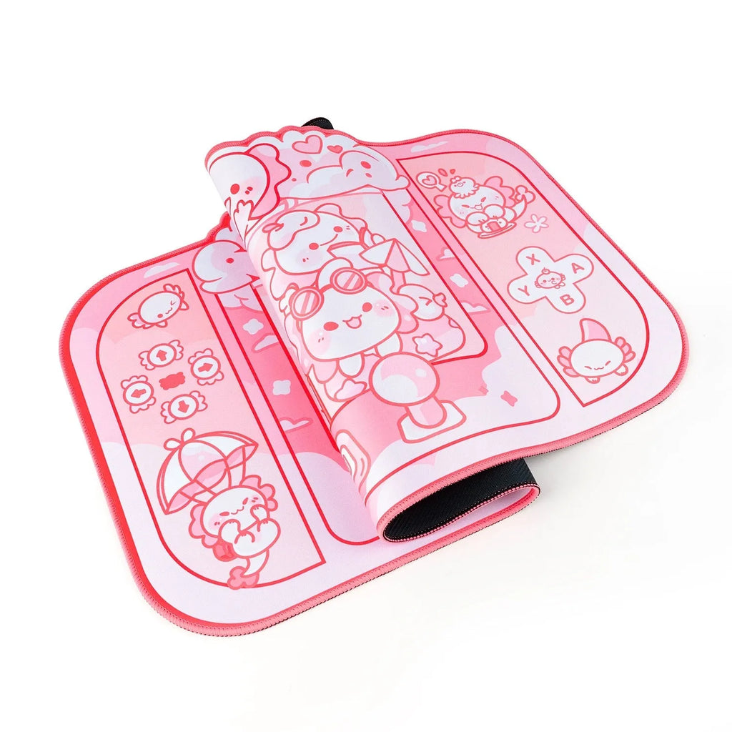 Large rectangular mouse pad with hexagonal crane machine and dragon doll cartoon print, measuring 75 by 40 centimetres.