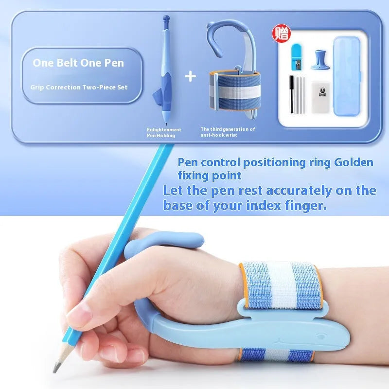 Blue anti-hook pen control corrector wrist brace on a child's hand holding a pencil.