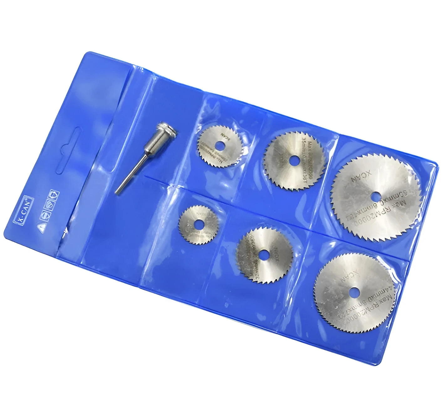 Six high-speed steel circular saw blades and a mandrel arranged on a surface.