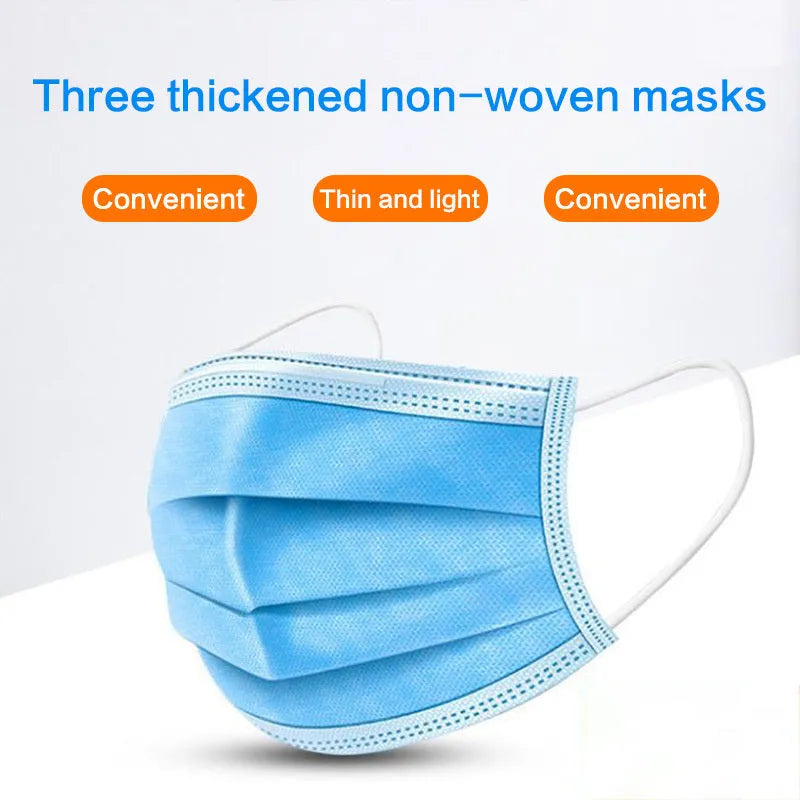 Disposable 3-ply face mask in light blue with ear loops, 175mm x 95mm non-woven fabric