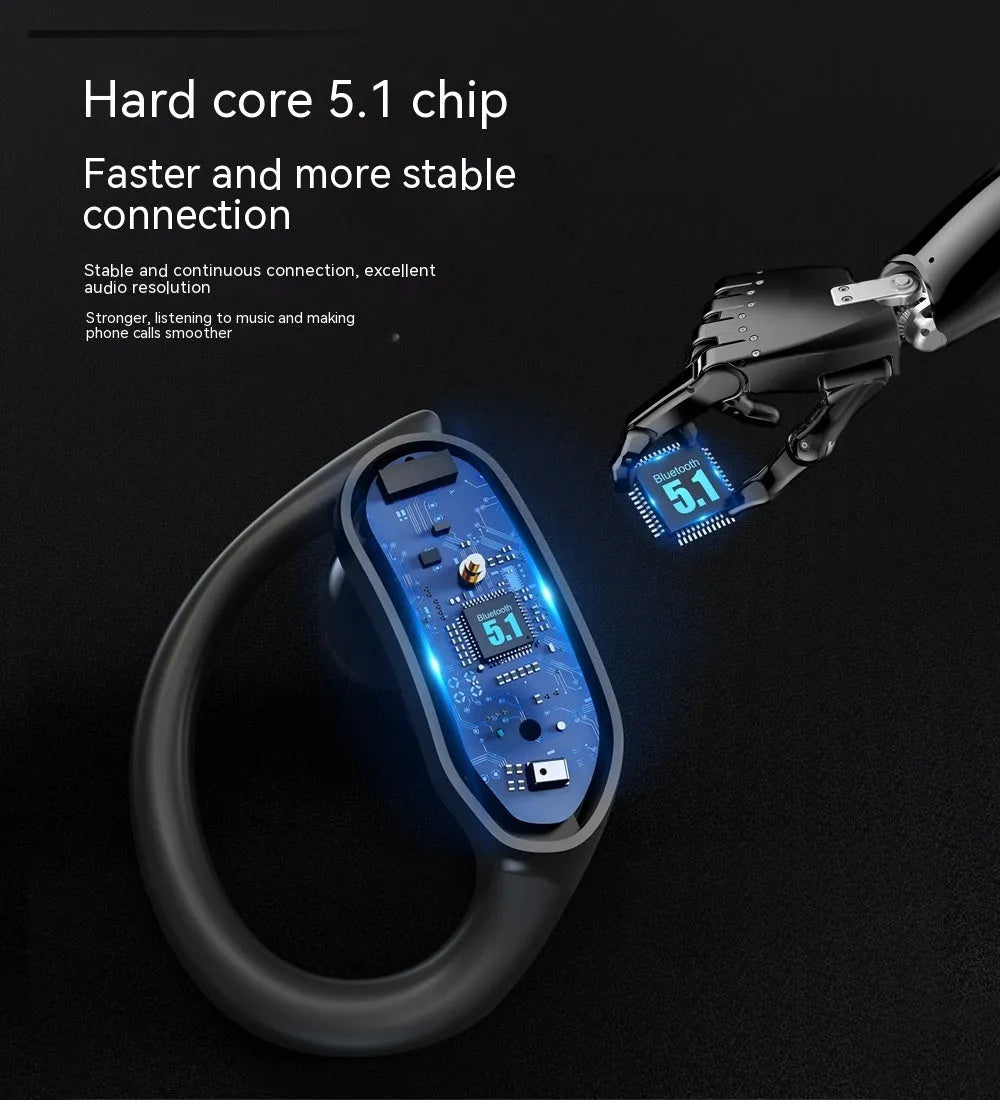 Black IPX7 waterproof ear-mounted sports wireless Bluetooth headset with silicone ear hooks and charging case