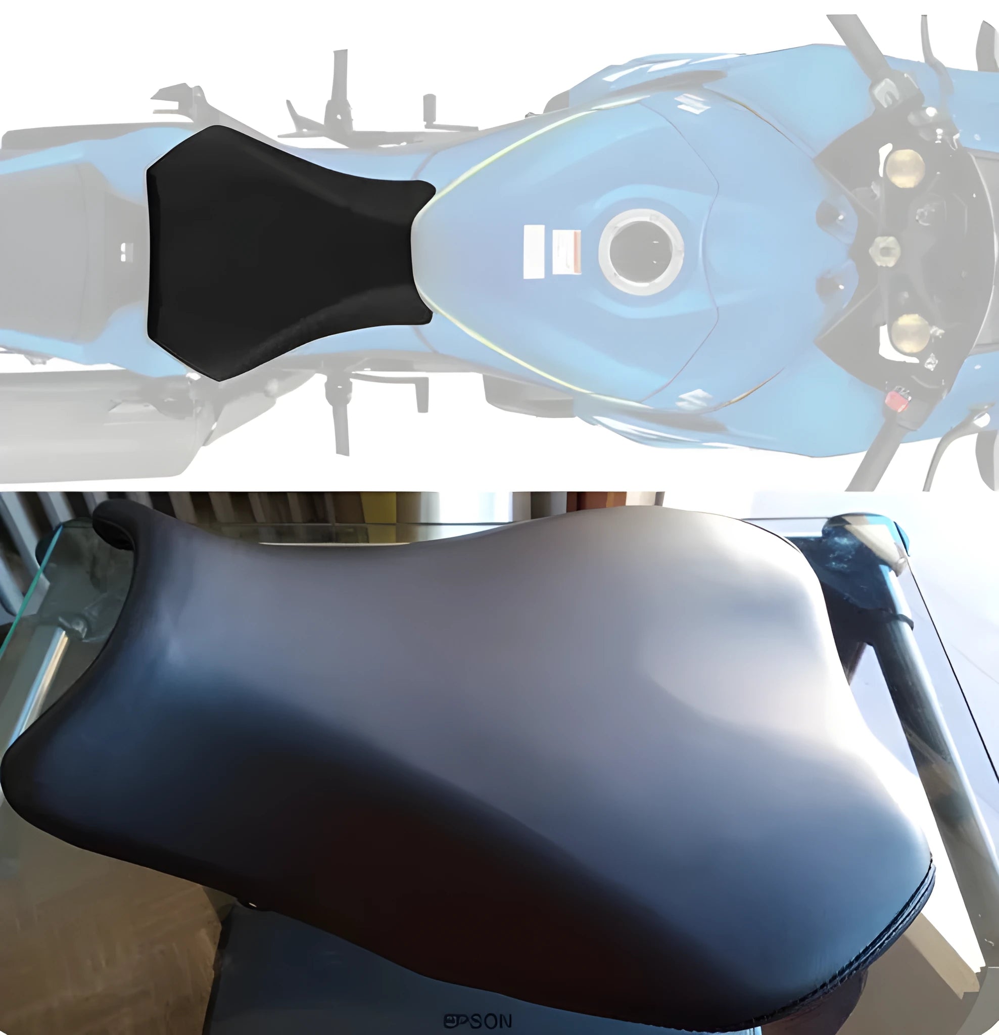 Suzuki GSXR1000 motorcycle with black PU leather seat cover fitted on the front and rear seat.
