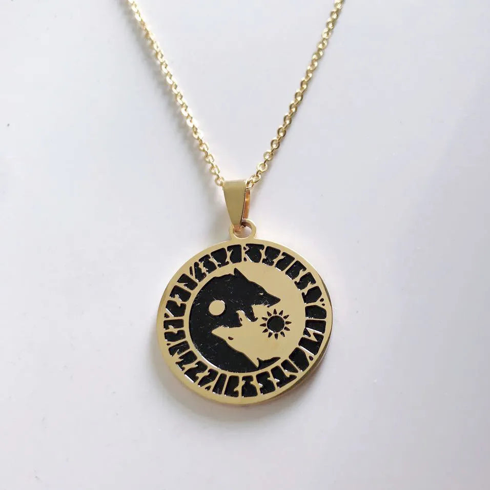 Wolf head sun moon pendant necklace in titanium steel with 30mm tag and 60cm chain, shown in black finish