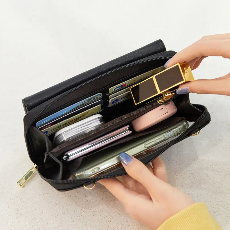 Touch screen phone bag crossbody anti-theft swiping long wallet in PU leather, 20.5x5x12 cm, available in multiple colours