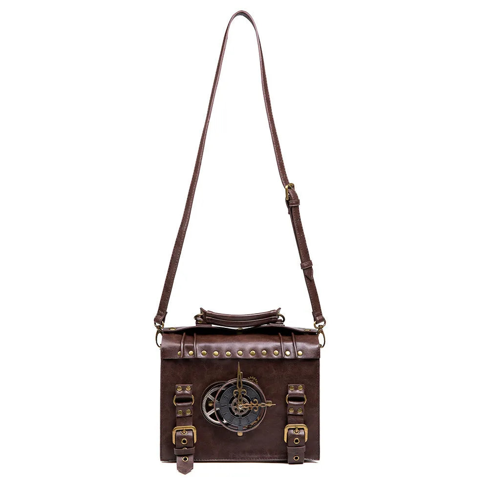 Bronze steampunk industrial retro style shoulder bag with textured PU leather and metal hardware