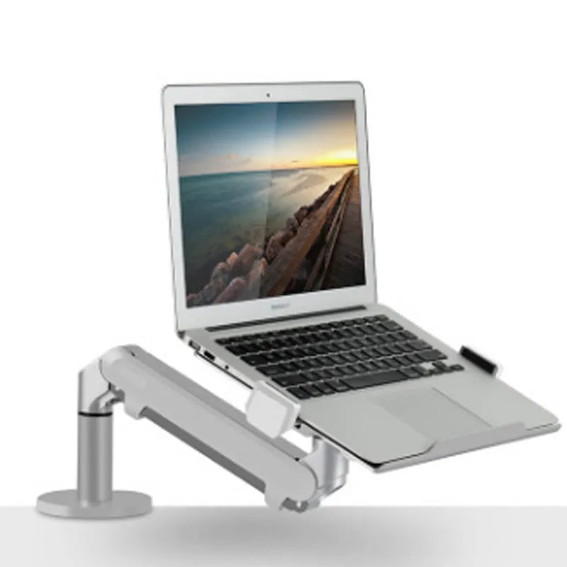 Silver aluminium free-standing laptop stand with extended telescopic arm holding a notebook.