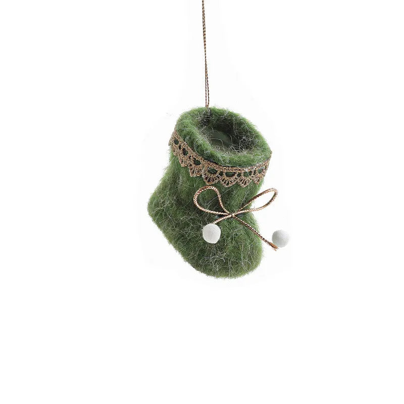 Plush fabric Christmas tree ornament shaped like a red boot with soft finish