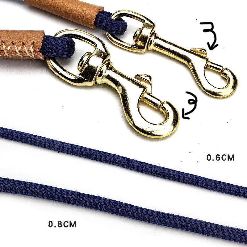 Lightweight blue nylon dog leash with metal clip on a white background.