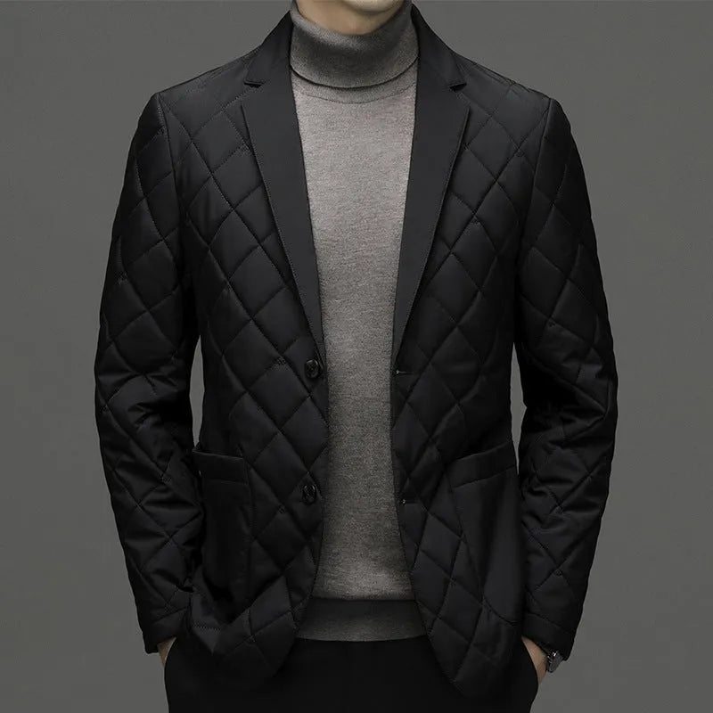 Men's thick lapel winter down jacket in black, shown with side seam pockets.