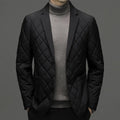 Men's thick lapel winter down jacket in black, shown with side seam pockets.