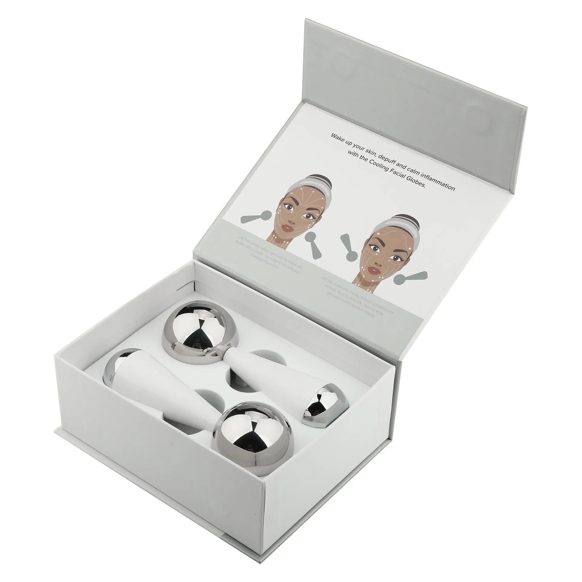 Silver stainless steel facial ice roller measuring 145x50mm on a clean surface