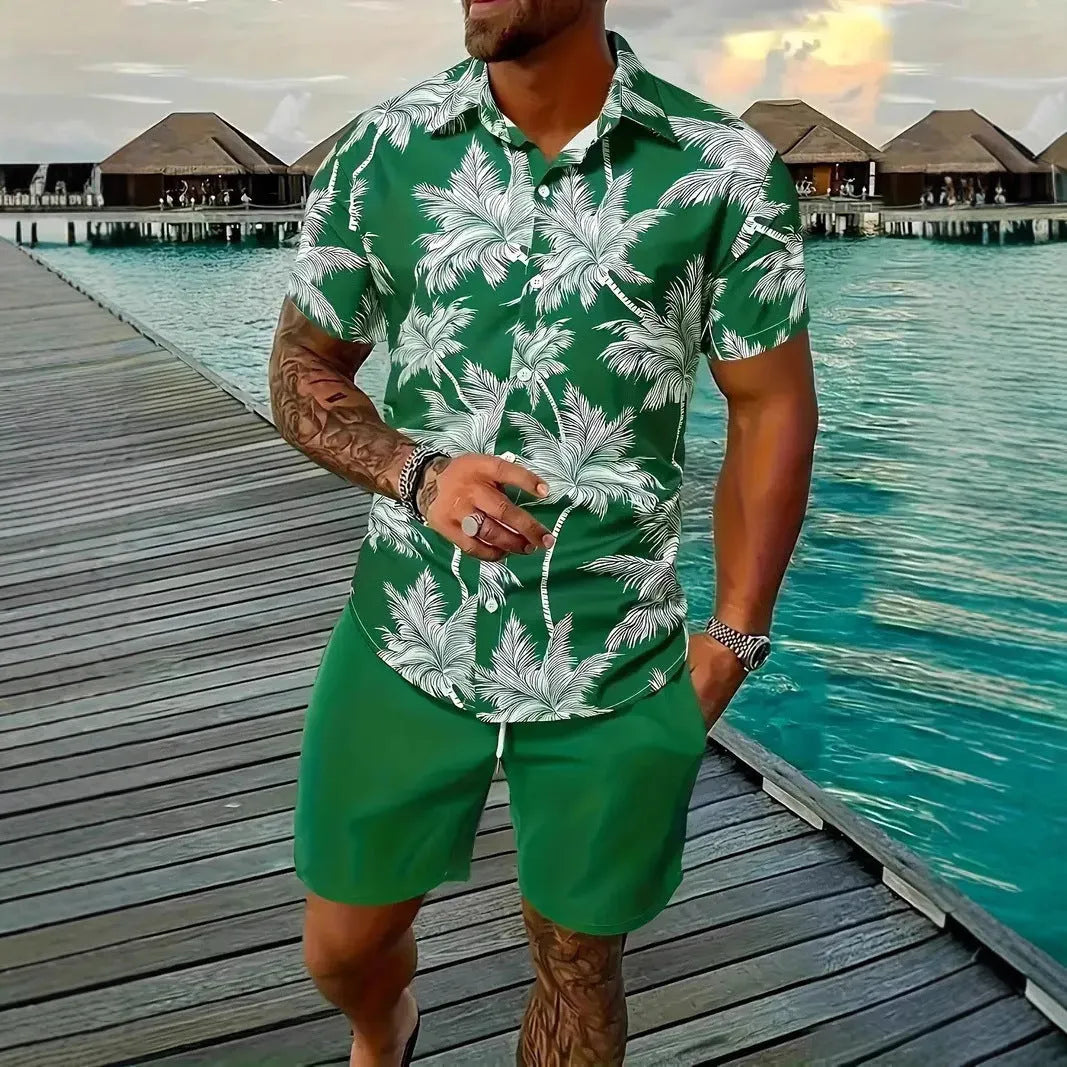 Men's Hawaiian 3D printed short sleeve shirt and matching shorts leisure set in a floral print.
