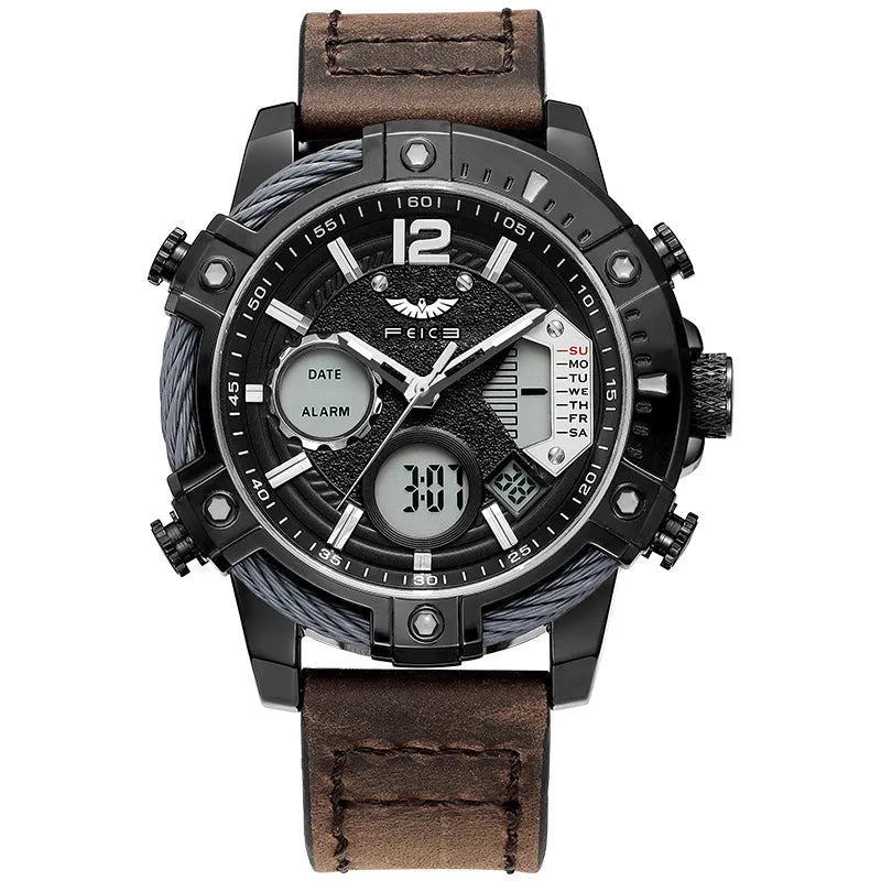 Men's 48mm luminous quartz watch with leather strap, stainless steel case, and mineral glass dial