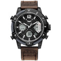 Men's 48mm luminous quartz watch with leather strap, stainless steel case, and mineral glass dial