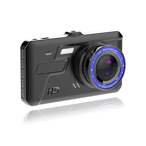 Black front and rear dual lens car dash cam with 4.0 inch touch screen display
