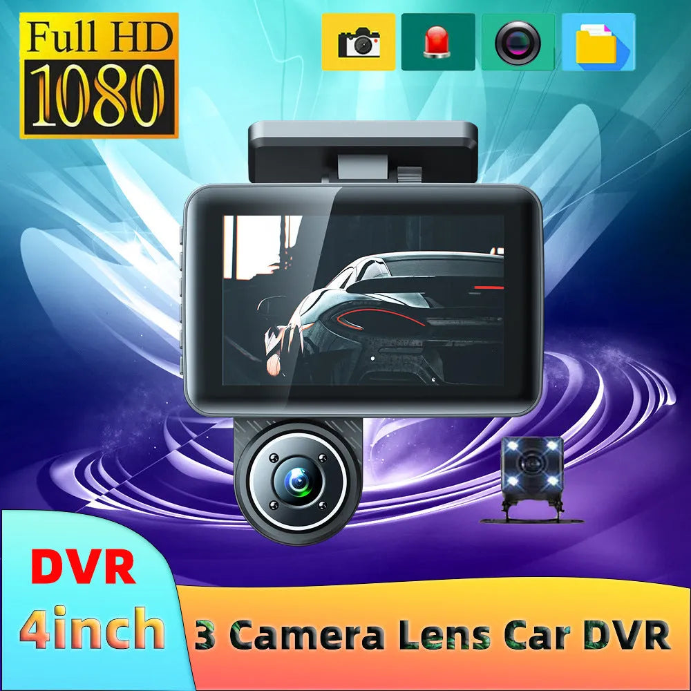 Black 4-inch touch screen car dash cam with wide-angle lens for 1080p HD and night vision recording