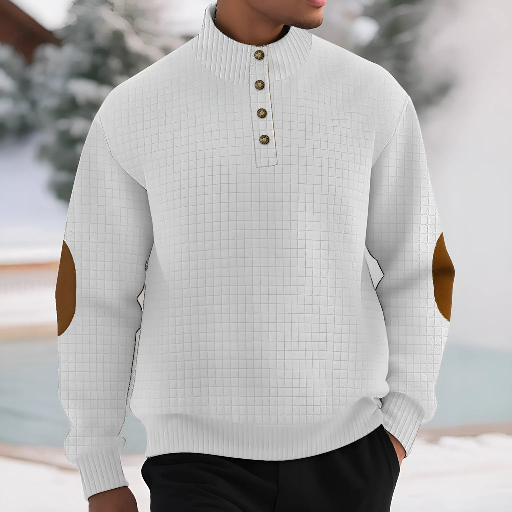 Men's casual jacquard small plaid stand collar long-sleeved sweater in khaki, polyester blend, full front view