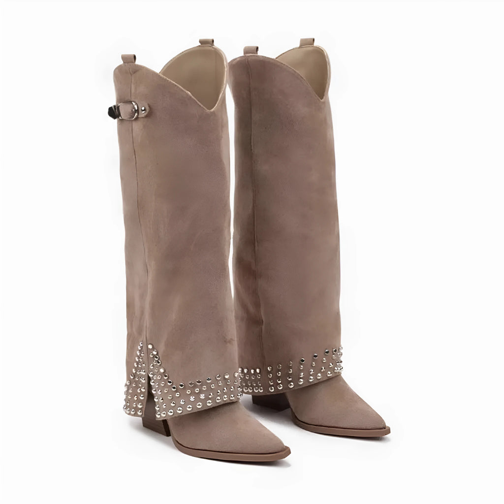Women's frosted rivet pantyhose boots in ankle style with suede upper